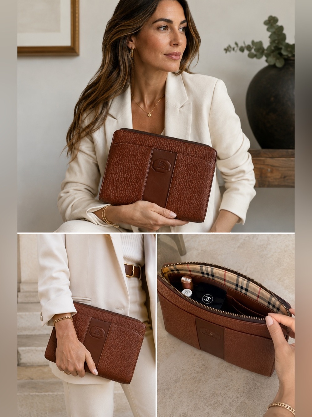 Burberry Vintage Brown Pebbled Leather Zip Clutch Travel Organizer Pouch Bag
